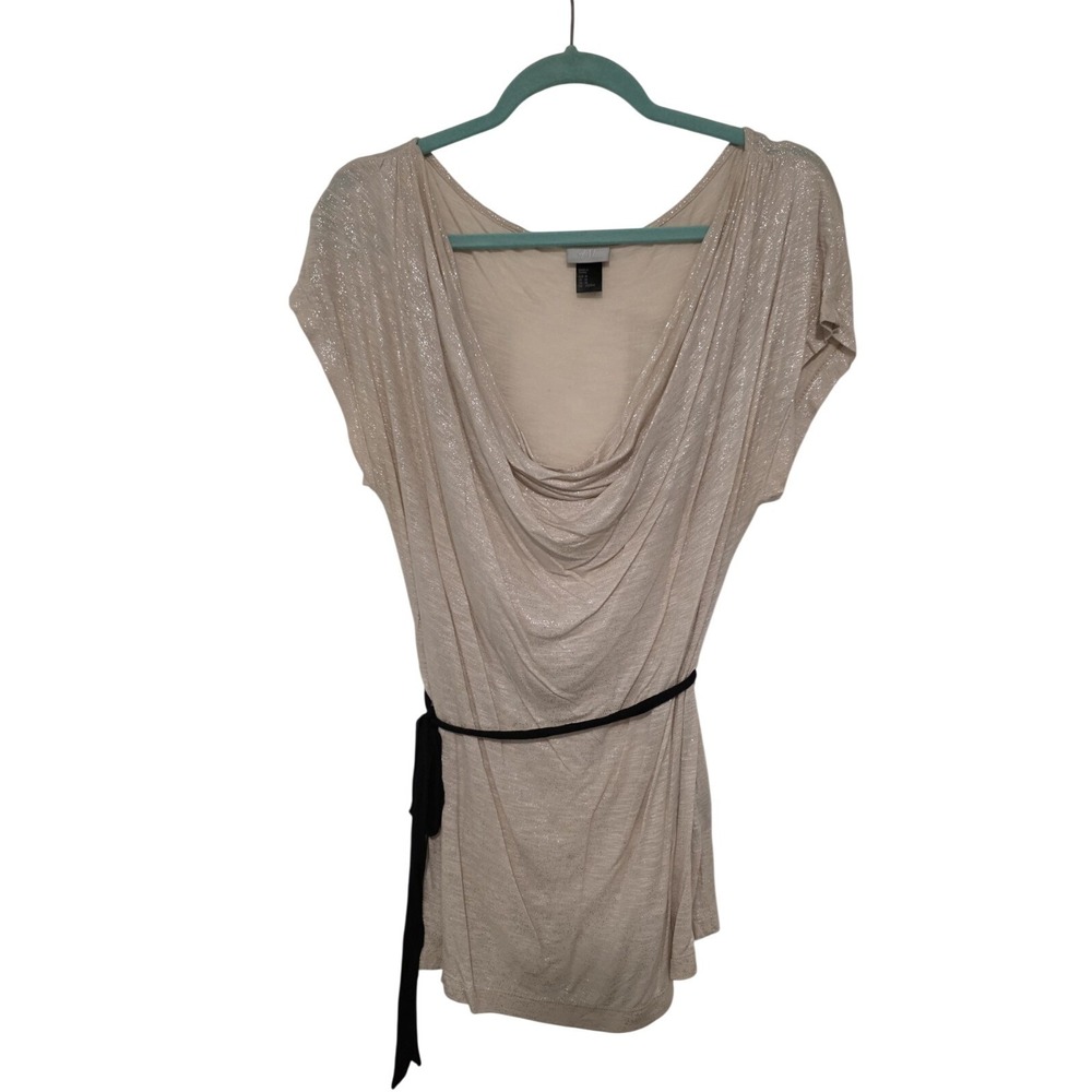 H&M Pink Cowl Neck Tunic Blouse Silver Sparkle Sleeveless Shirt with Belt Size M